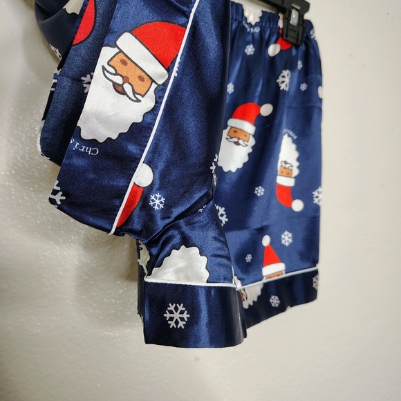 NWOT Ekouaer Navy Blue Santa Claus Print Satin Pajama Set Blouse & Shorts Sz S - Picture 14 of 15